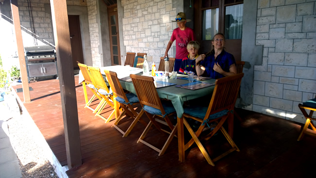 Having lunch on the verandah at the Eyre Bird Observatory, Eyre, Western Australia.