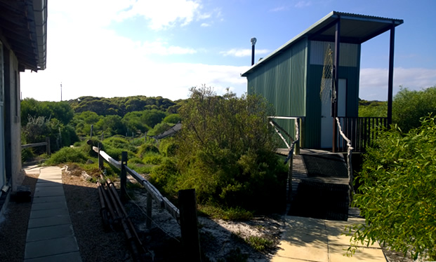 The 'loo with a view' at the restored limestone Telegraph Station building that houses the Eyre Bird Observatory, Eyre, Western Australia.