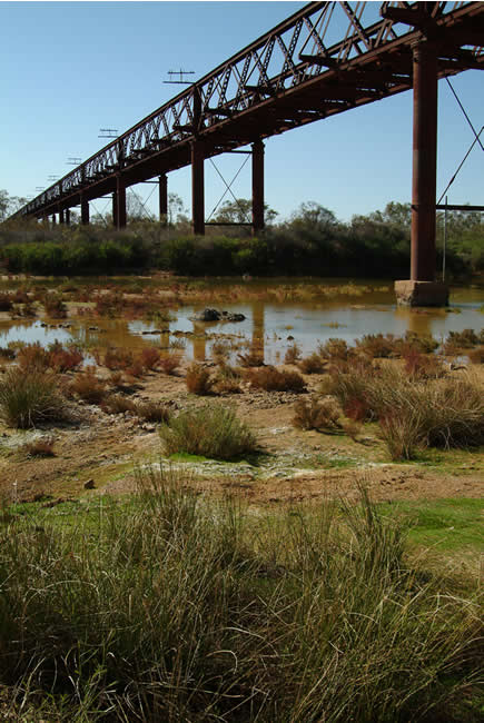 Ruins of a railway bridge, Old Ghan Railway, South Australia.