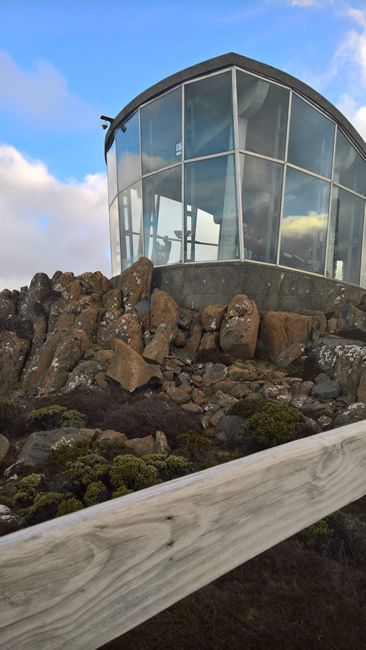 Enclosed glass lookout on the summit of Mt Wellington, Tasmania, Australia.