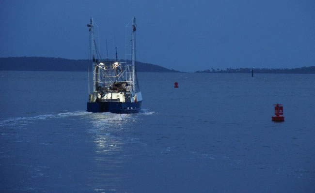 A fishing boat heading out at dawn, Gladstone Harbour, Queensland, Australia.
