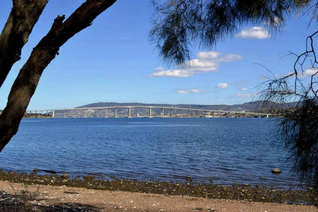 The iconic Tasman Bridge over the Derwent River, Hobart, Tasmania, Australia.