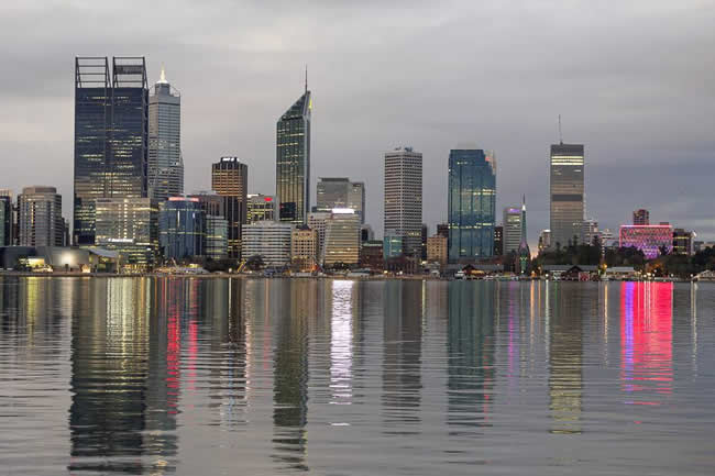 Twilight view of Perth, from across Perth Water, Western Australia.