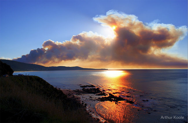 Sun Filter. Smoke from control burn, Aireys Inlet, Great Ocean Road, Victoria, Australia.