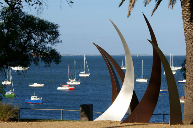 Corio Bay, seen through a beachfront sculpture, Geelong, Victoria, Australia.