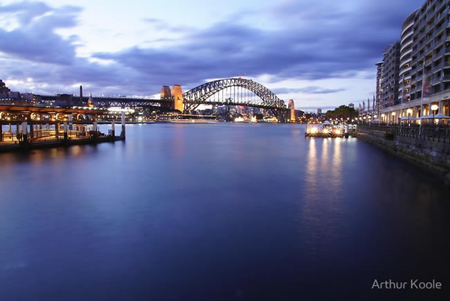 The Sydney Harbour Bridge from Circular Quay, Sydney, New South Wales, Australia.