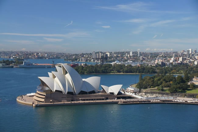 Sydney Opera House from the Harbour Bridge tower, New South Wales, Australia.