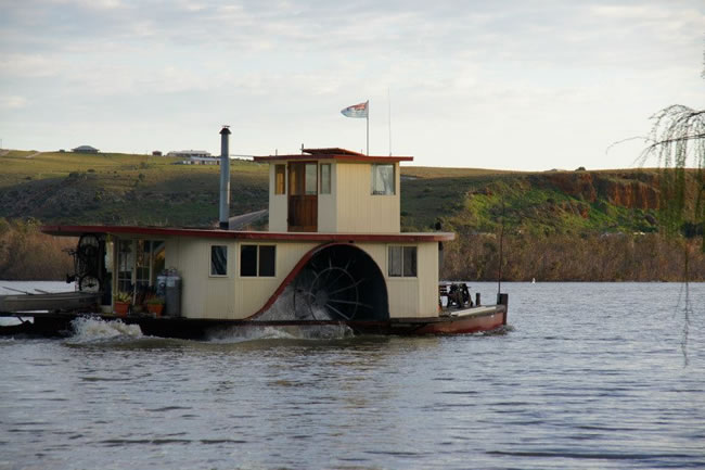 A smaller paddle boat, in a more modern style, Murray River, Mannum, South Australia. Note the side mounted paddle wheels.