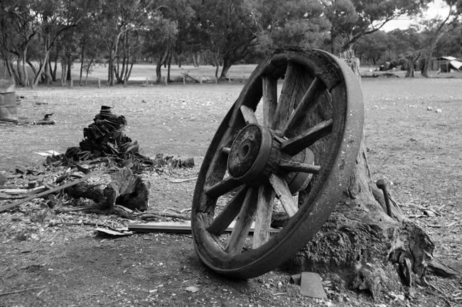 A monochrome of a wagon wheel near Maldon, Victoria, Australia.