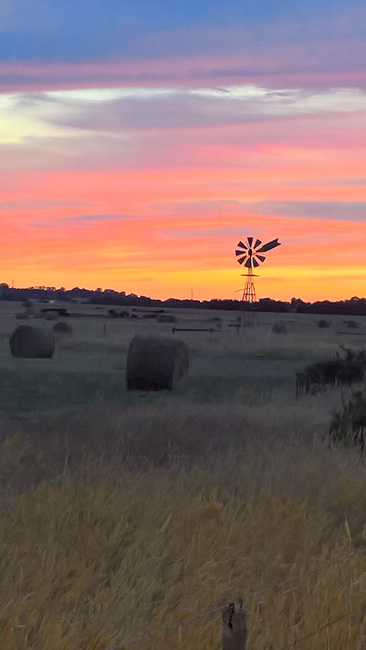 Windmill silhouetted against the sunrise, Freshwater Creek, near Geelong, Victoria, Australia.