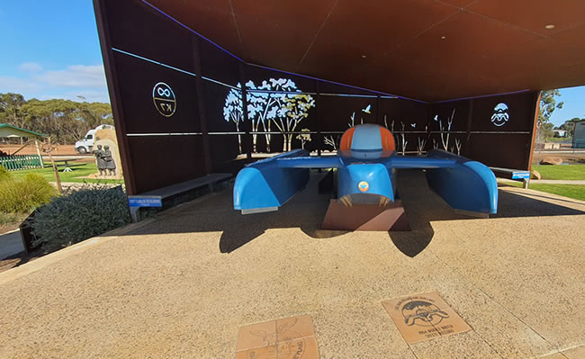 Model of Donald Campbell's jet powered boat 'Bluebird', at Dumbleyung, Western Australia.