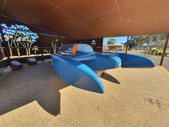 Model of Donald Campbell's jet powered boat 'Bluebird', at Dumbleyung, Western Australia.