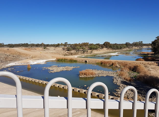 The dryness of the Menindee lakes in 2019 is apparent in this shot taken from one of the locks.