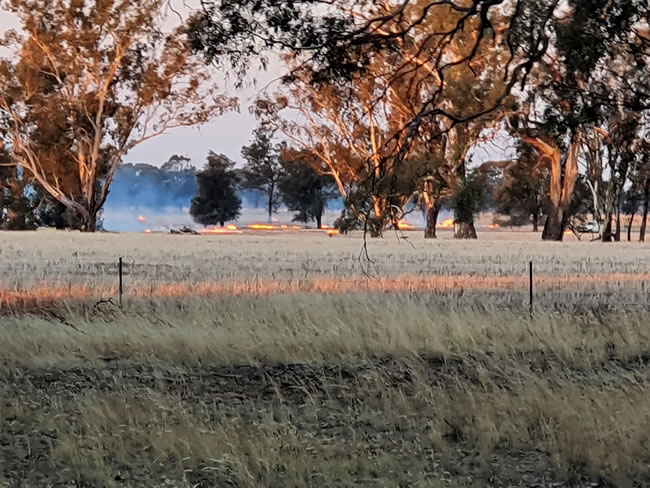 Lighting the stubble fires near Minyip just before dusk.